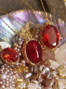 2026新年|欧美西洋回流大红色莱茵石Vintage复古董鸽血红项链吊坠