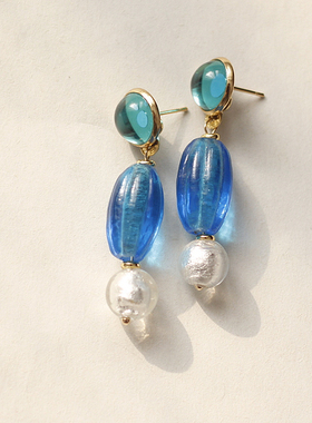 如意|欧美巴黎手工琉璃宝蓝色复古风中古老珠耳夹vintage优雅耳环