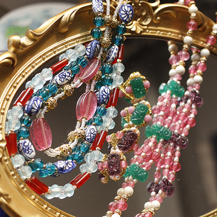 如意|原创设计西德中古董雕花琉璃串珠粉红色祖母绿项链耳环耳夹