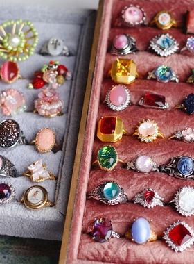 欧美复古中古董人像粉色老琉璃法国艺术树脂宝石活口可调节戒指