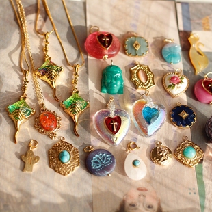如意原创设计西德老琉璃爱心桃心中古复古吊坠项链vintage