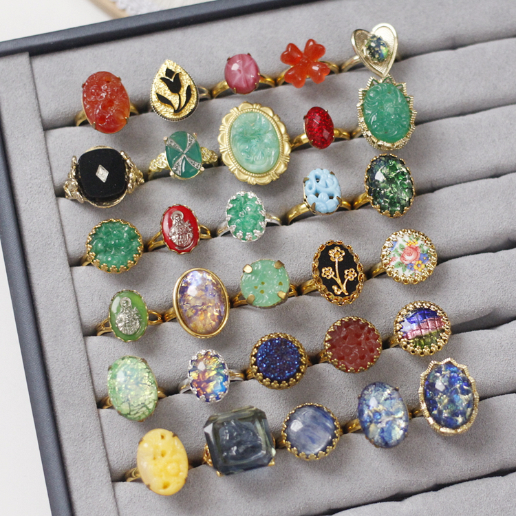 欧美中古董粉花卉老琉璃调节戒指