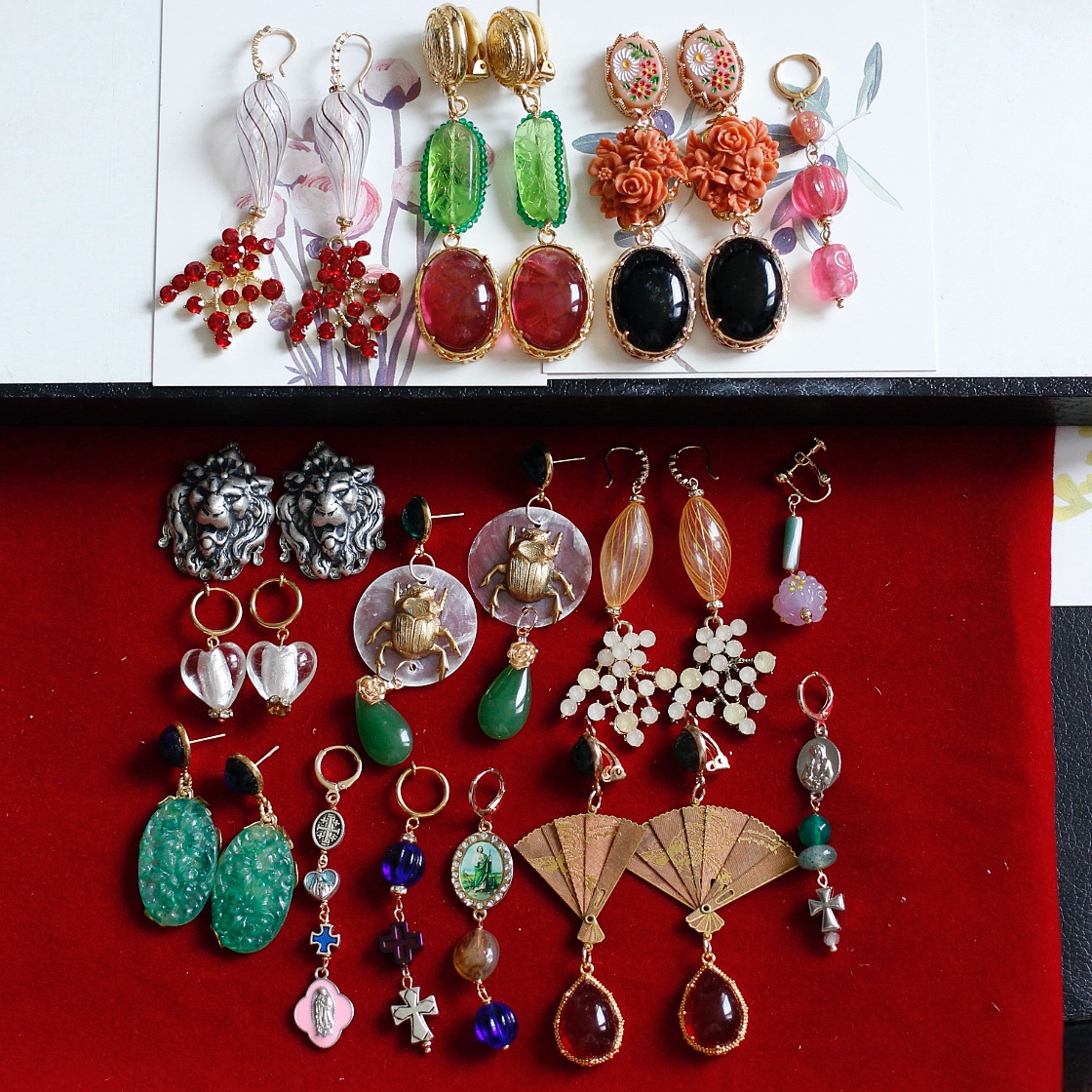 原创巴黎欧美老琉璃vintage玛瑙中古复古董雕花耳环耳夹