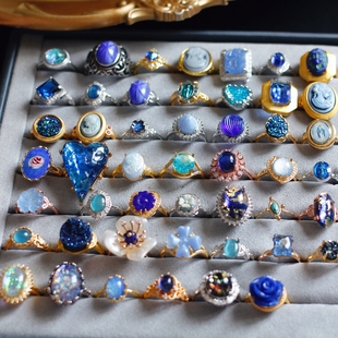 欧美意大利樱花蓝中古董穆拉诺murano老琉璃vintage活口调节戒指