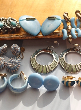 点详情页图片购买|复古中古董牛仔蓝色coro老琉璃vintage耳夹耳环