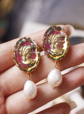 欧美西德美人像粉老琉璃中古董复古Vintage耳夹askew london耳环