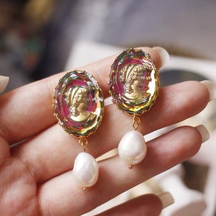 欧美西德美人像粉老琉璃中古董复古Vintage耳夹askew london耳环