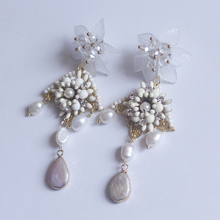 如意Beading3原创设计冰花MH Stanley风格白色珐琅琉璃珍珠耳环