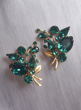 如意Askew London英伦正品稀有超美祖母绿莱茵石花叶中古艺术耳夹