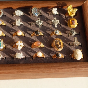 金银满堂|欧美天然石罕见雕刻老琉璃开口活口ins小众设计包邮戒指