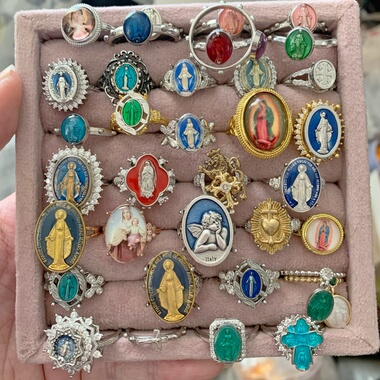 2026圣诞新年|欧美蓝色中复古人像开口可调节十字架戒指vintage