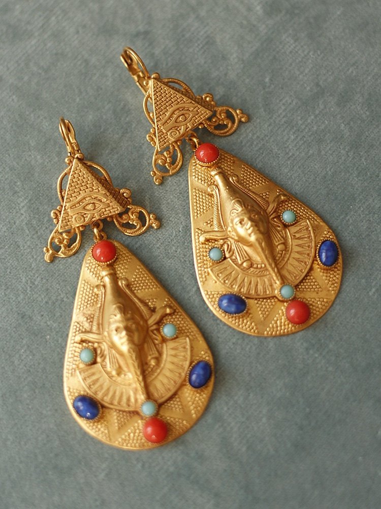 askew london正品埃及金字塔红蓝松石老琉璃中古艺术耳环vintage