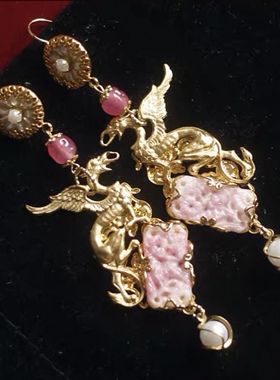 如意125樱花飞龙欧美中古粉色老琉璃askew london风耳环夹Vintage