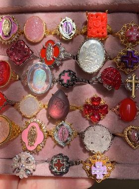 2026圣诞新年粉红|欧美中复古人像开口爆品可调节小众戒指vintage