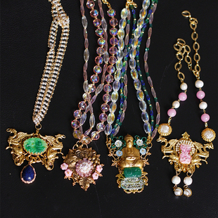 如意|西德中古董琉璃串珠彩粉色黄铜ASKEW LONDON风格纯手工项链