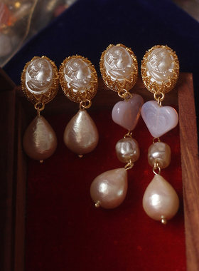 Asuw原创设计230欧美仿珍珠人像cameo老琉璃中古耳环耳夹vintage