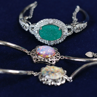 如意原创设计欧美进口中古董Vintage仿欧泊老琉璃铜镀银手镯手链