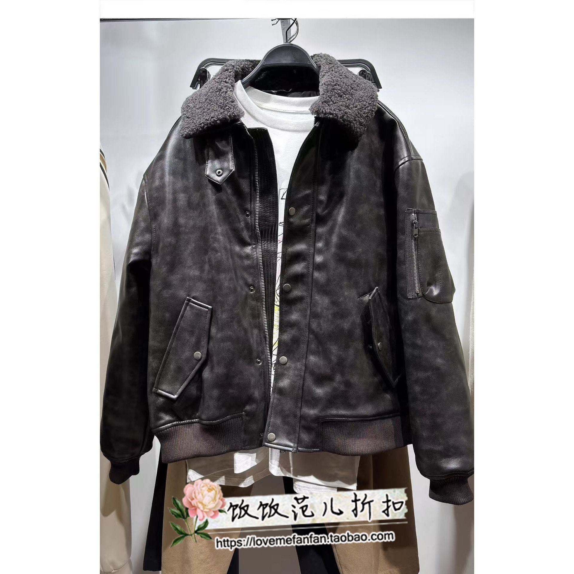 现货ZA25秋冬季男装可拆毛领宽松保暖加厚夹克皮衣外套8281435