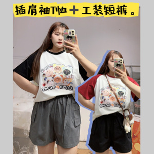荔枝家大码卡通插肩袖撞色T恤工装松紧腰短裤胖mm200斤夏季懒人套