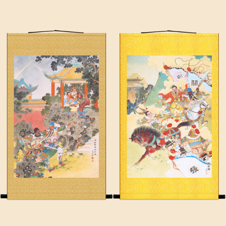 青梅煮酒论英雄人物画 虎牢关三英战吕布 三国装饰画绢布卷轴挂画