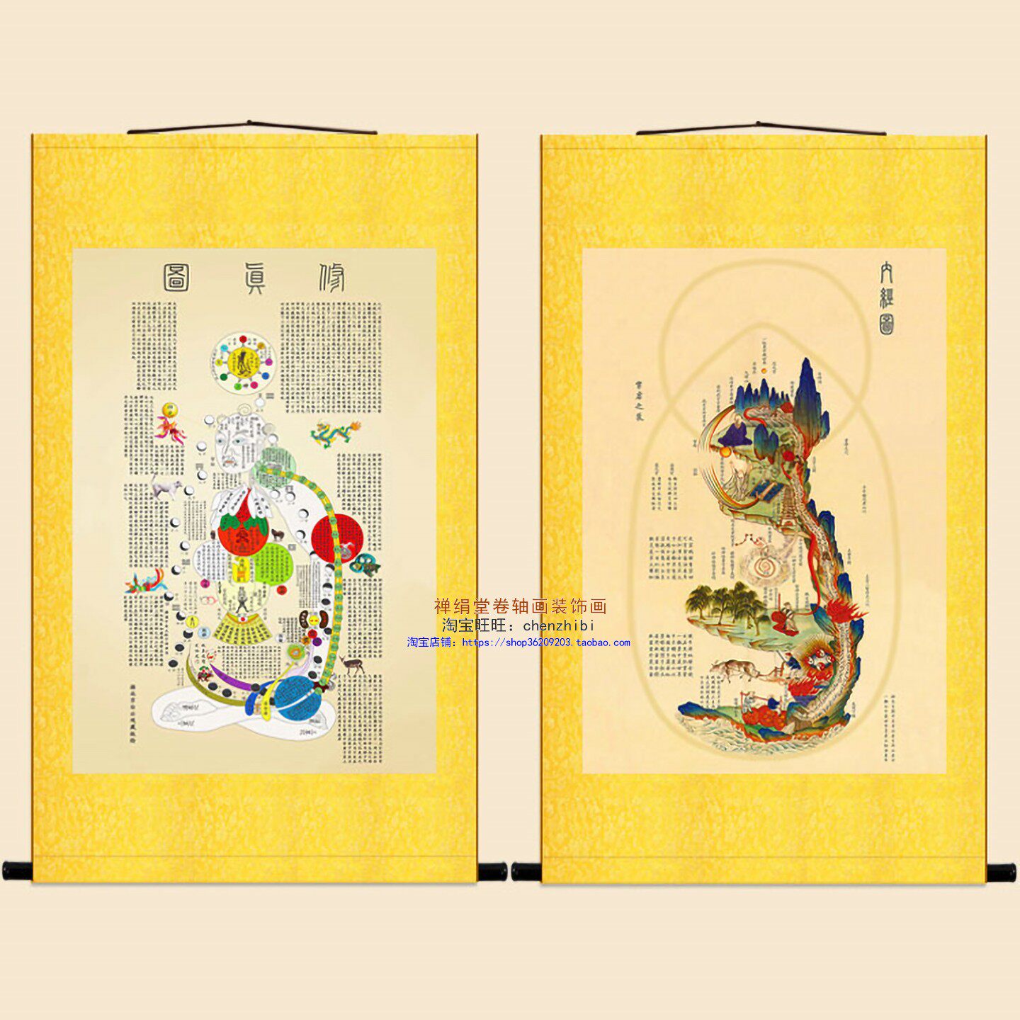 内经修真图 道家气功图示 丹成九转内景图绢布卷轴挂画 装饰字画