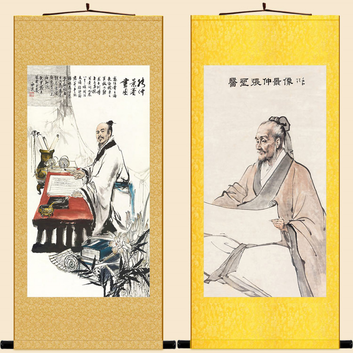 张仲景著书图 古代名医人物画像绢布卷轴挂画 中式复古装饰画定制