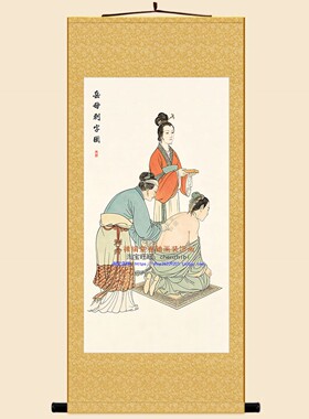 岳飞精忠报国岳母刺字图人物画卷轴挂画 复古绢布书房装饰画定制