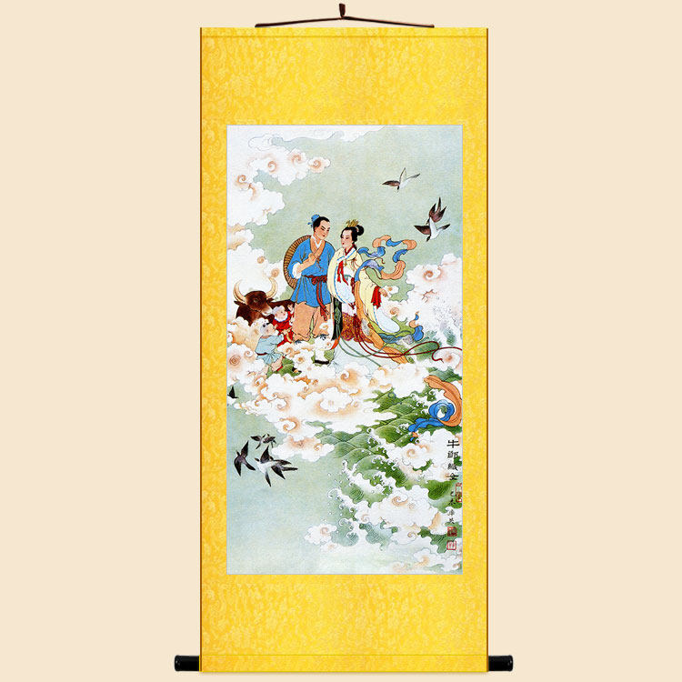 牛郎织女图 七夕节神话故事人物画像 绢布卷轴挂画复古装饰画定制
