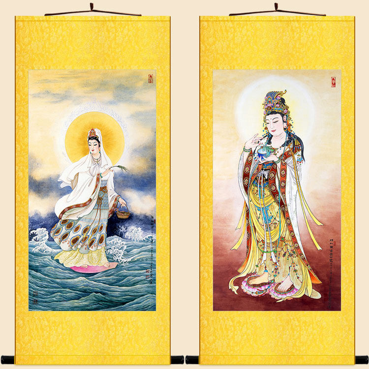 杨枝观音菩萨佛像画 杨柳鱼篮观世音画像 丝绸画卷轴画挂画装饰画