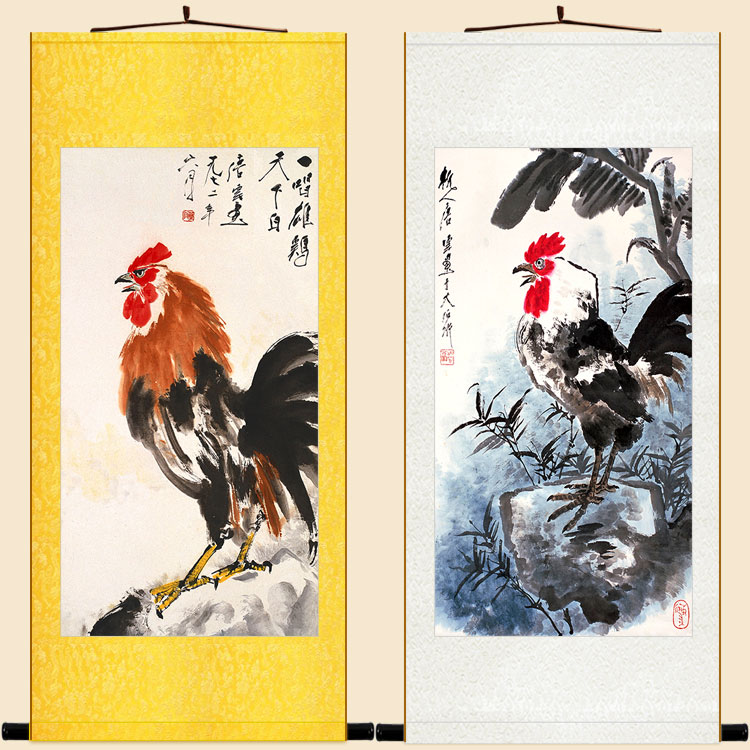 公鸡大吉图 唐云雄鸡一唱天下白卷轴挂画国画 书房玄关装饰画定制图片