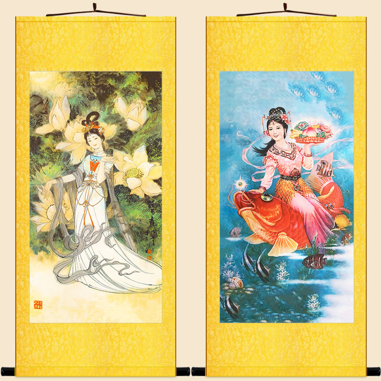 荷花仙子神像画 鲤鱼仙女人物画 花神绢布卷轴挂画书房装饰画定制图片