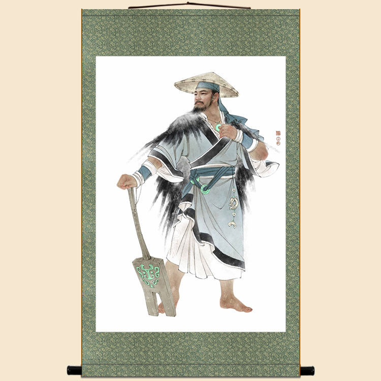 大禹治水图画像挂画 古代名人中式复古丝绸卷轴画 装饰画定制订做