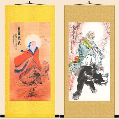 卷轴画老子骑牛出关图紫气东来