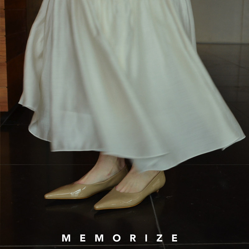 Memorize 时髦尖头杏色猫跟单鞋 白搭简约 ins风女鞋进口皮纯手工