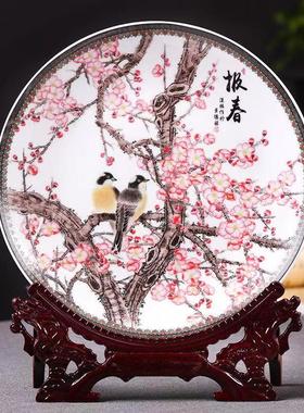 梅花报春图景德镇陶瓷花鸟画瓷盘家居装饰国潮风礼品新中式摆件
