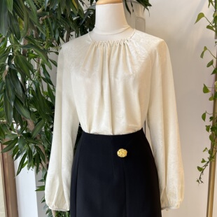 圆领褶皱长袖 桑蚕丝花萝套头衬衫 衬衫 宽松暗花新中式 时尚 2026春季