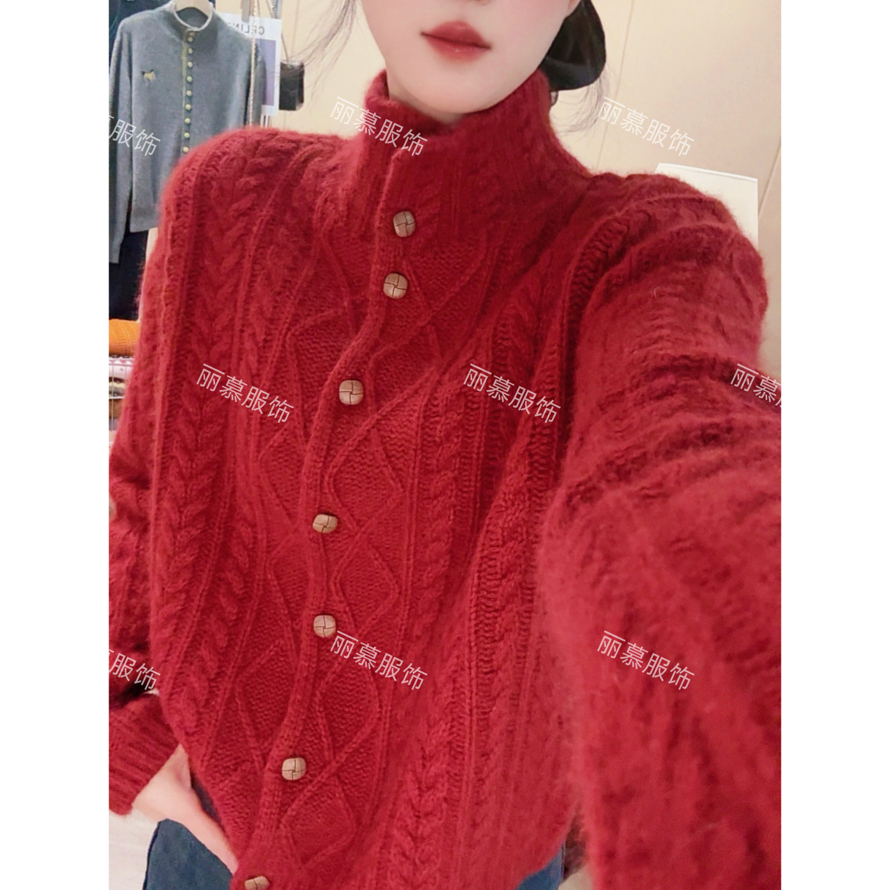 【悸动少女心】圣诞派对~复古羊毛绞花半高领加厚毛衣开衫2539