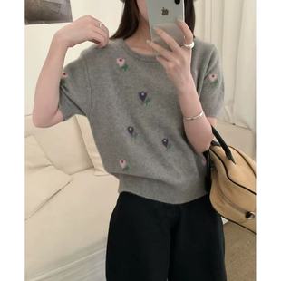 休闲百搭宽松韩版 秋季 气质花朵提花针织短袖 上衣1896 花朵短袖