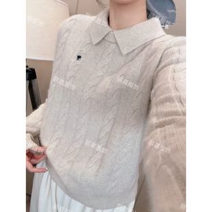 小马刺绣Polo领秋冬慵懒风2608 奶fufu燕麦绞花毛衣 小马绞花