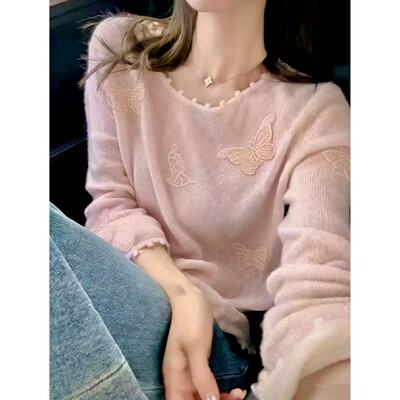 【蝶儿飞】春季薄款蕾丝蝴蝶网红气质款微透马海针织套头衫2798