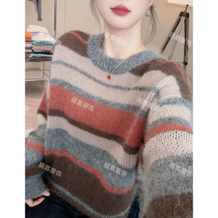 新款 韩版 慵懒风条纹撞色马海针织套头衫 2068 美拉德色调