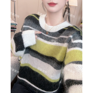 穿搭针织衫 软糯马海条纹拼色慵懒风时尚 毛衣2068 慵懒绿灰调