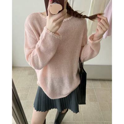 【粉樱花】少女心粉色马海春季薄款宽松通勤针织衫上衣2729