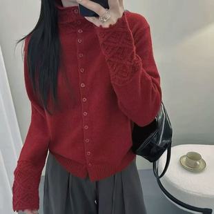 半高领针织开衫 重工手工钩花镂空袖 秋冬新款 2327 安可拉绯梦