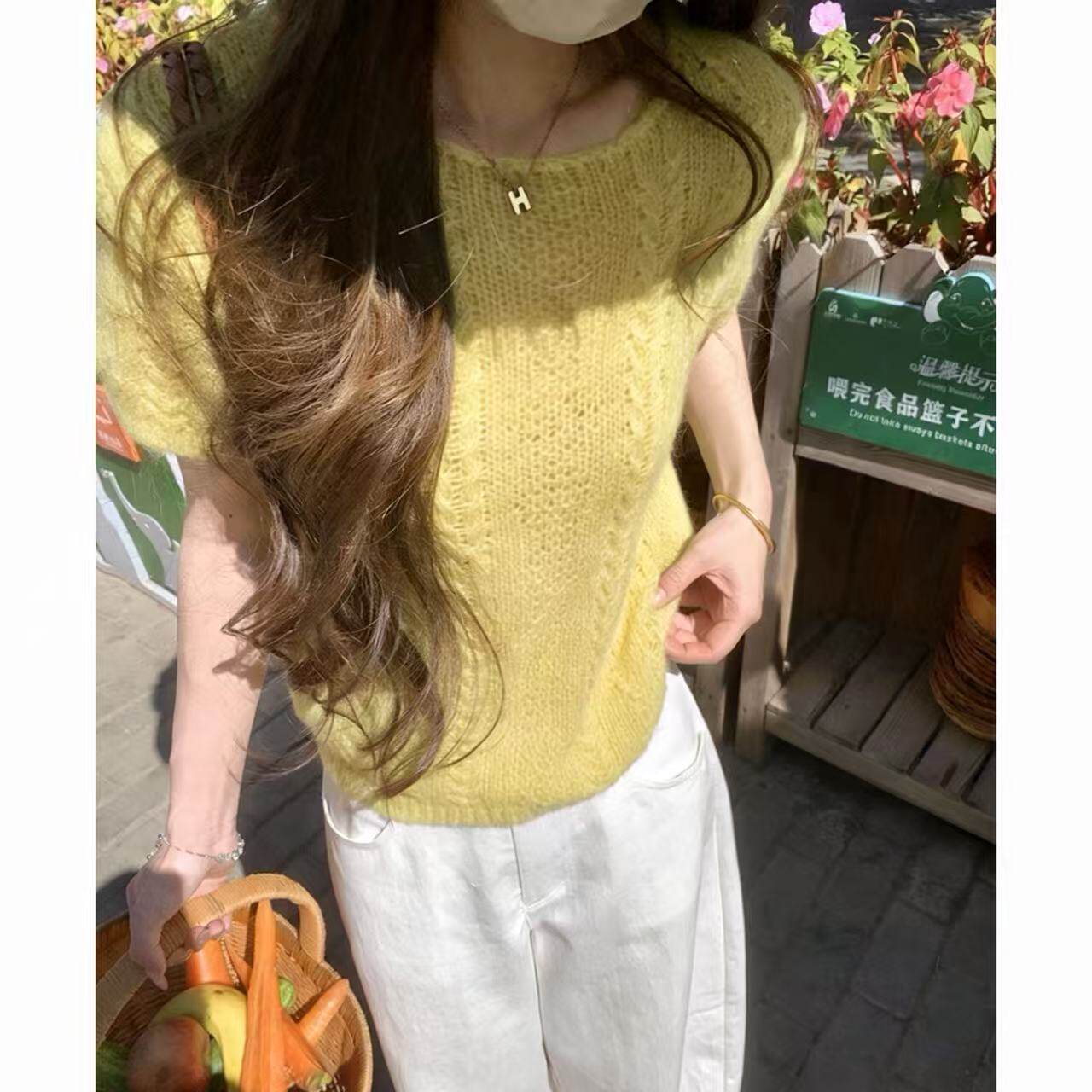 【奶黄包】韩版马海春季显摆麻花针织衫短袖T恤所有2802