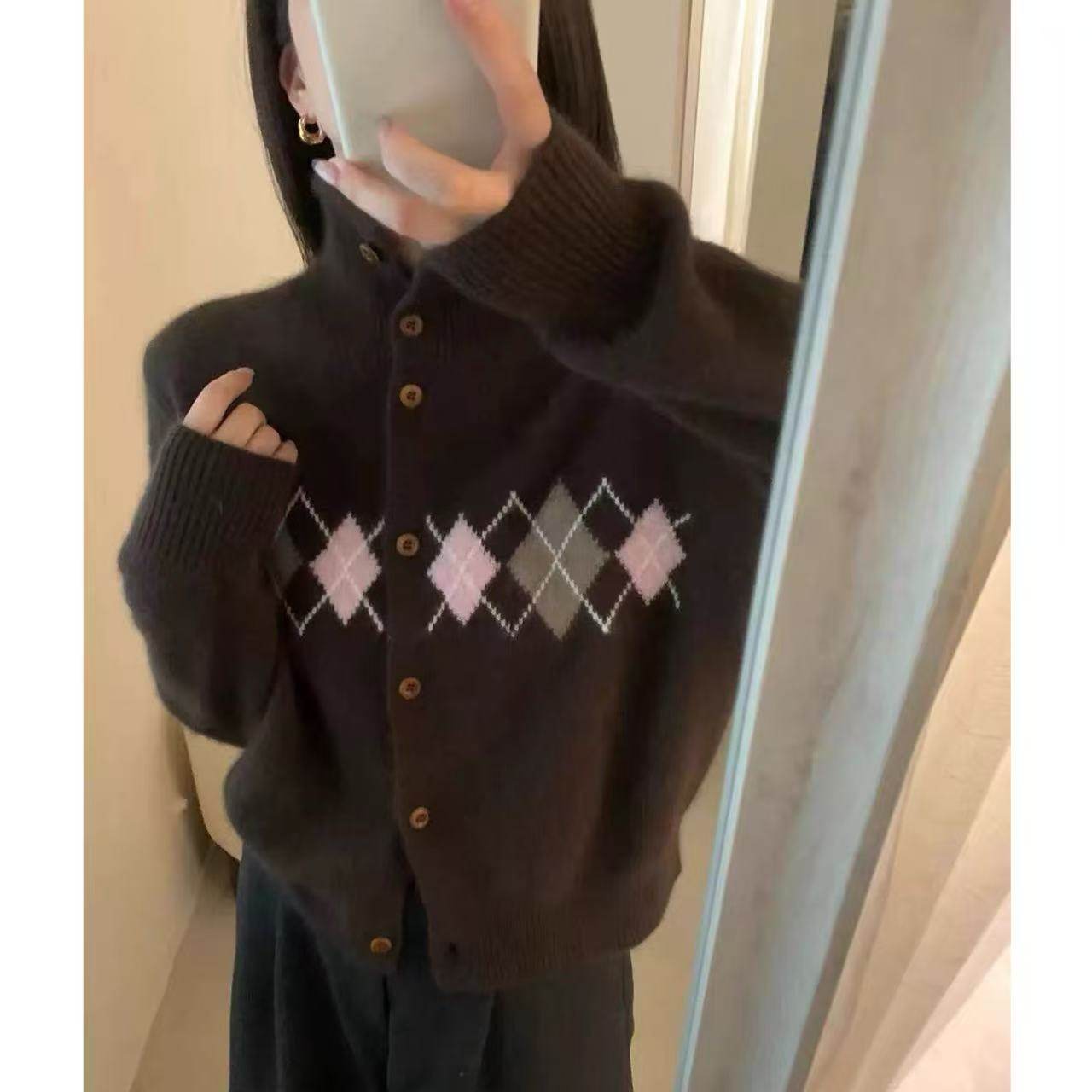 【菱格对对碰】小个子撞色菱格立领韩版气质减龄针织开衫2626