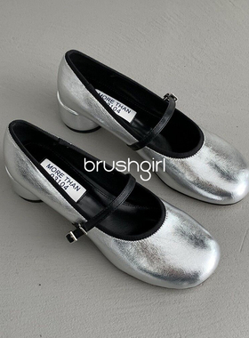 BRUSHGIRL复古圆跟浅口单鞋韩代chic东大门一字带气质银色高跟鞋