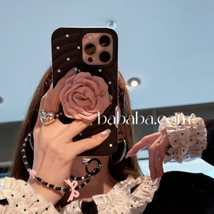 时尚 13全包边新款 防摔日韩软 高级感黑波点粉花磁吸支架适用iPhone16ProMax手机壳苹果15Pro保护套14pm女款