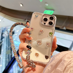 韩国ins适用苹果15Pro手机壳iPhone14ProMax保护套16/17全包软边11PM爱心宝石透明12/13女小众手机链挂绳细闪