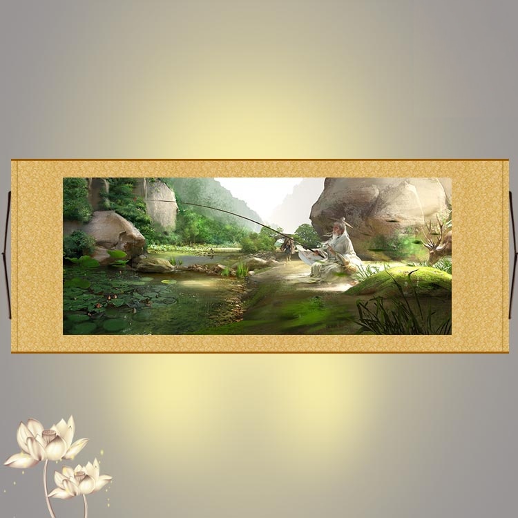 姜太公钓鱼图 姜子牙人物横幅挂画 书房客厅装饰画横批画定制订做